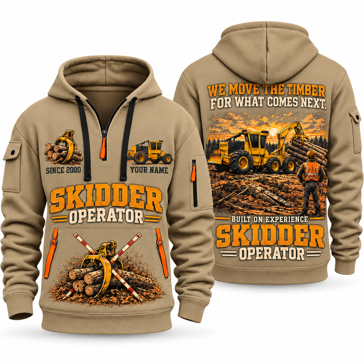 Tigercat 635H Skidder Operator quarter zip hoodie in Khaki, front and back views, sample YOUR NAME and SINCE 2000 artwork