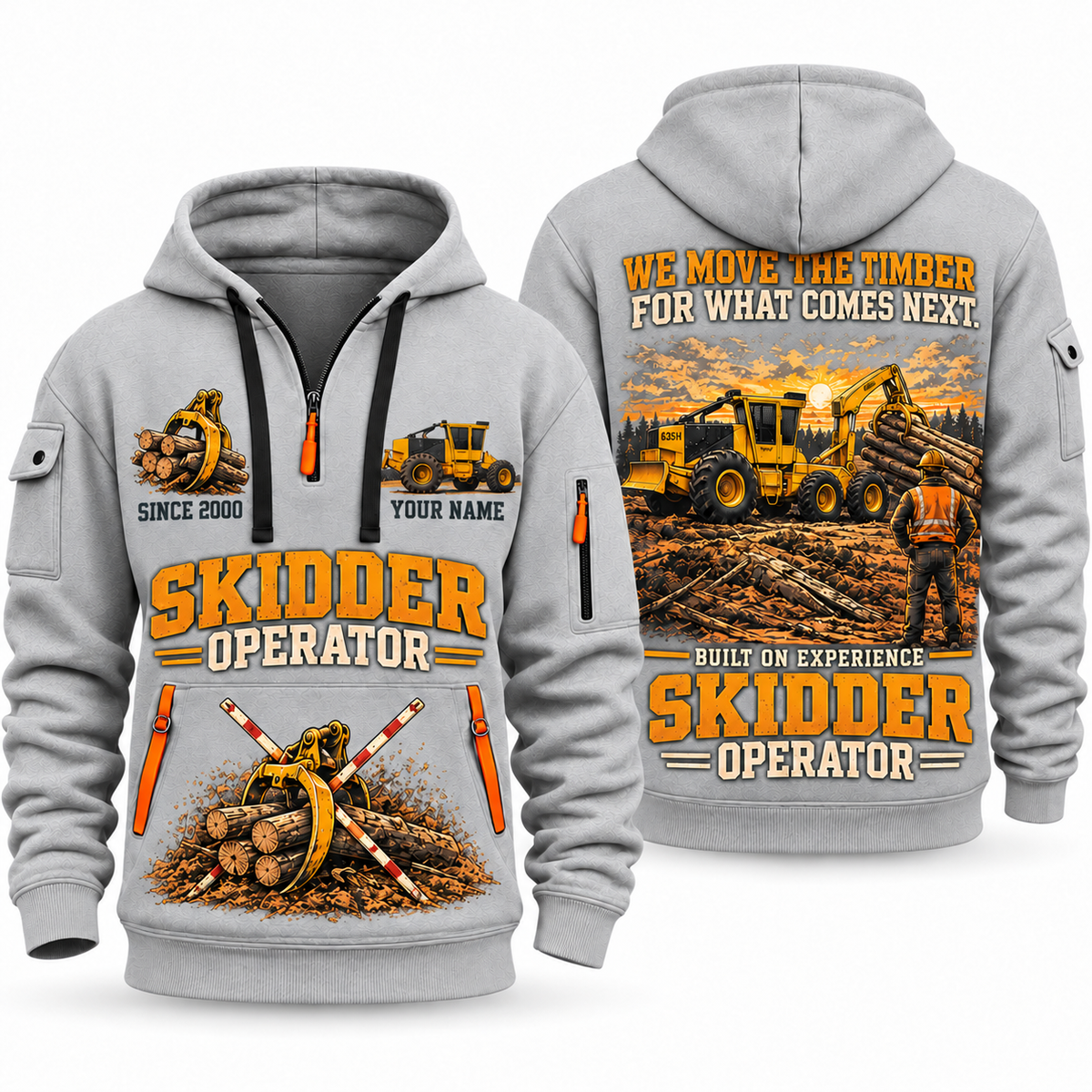 Tigercat 635H Skidder Operator quarter zip hoodie in Light Grey, front and back views, sample YOUR NAME and SINCE 2000 artwork
