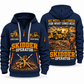 Tigercat 635H Skidder Operator quarter zip hoodie in Navy, front and back views, sample YOUR NAME and SINCE 2000 artwork