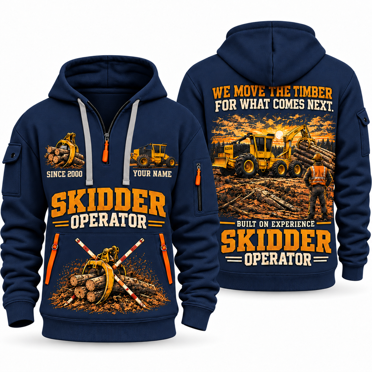 Tigercat 635H Skidder Operator quarter zip hoodie in Navy, front and back views, sample YOUR NAME and SINCE 2000 artwork