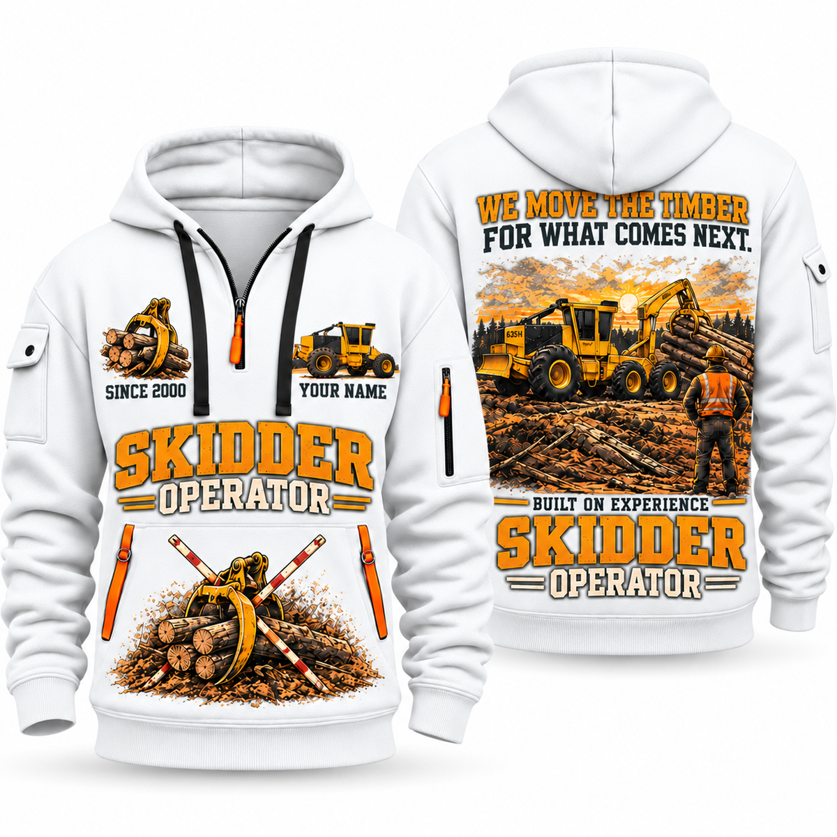 Tigercat 635H Skidder Operator quarter zip hoodie in White, front and back views, sample YOUR NAME and SINCE 2000 artwork