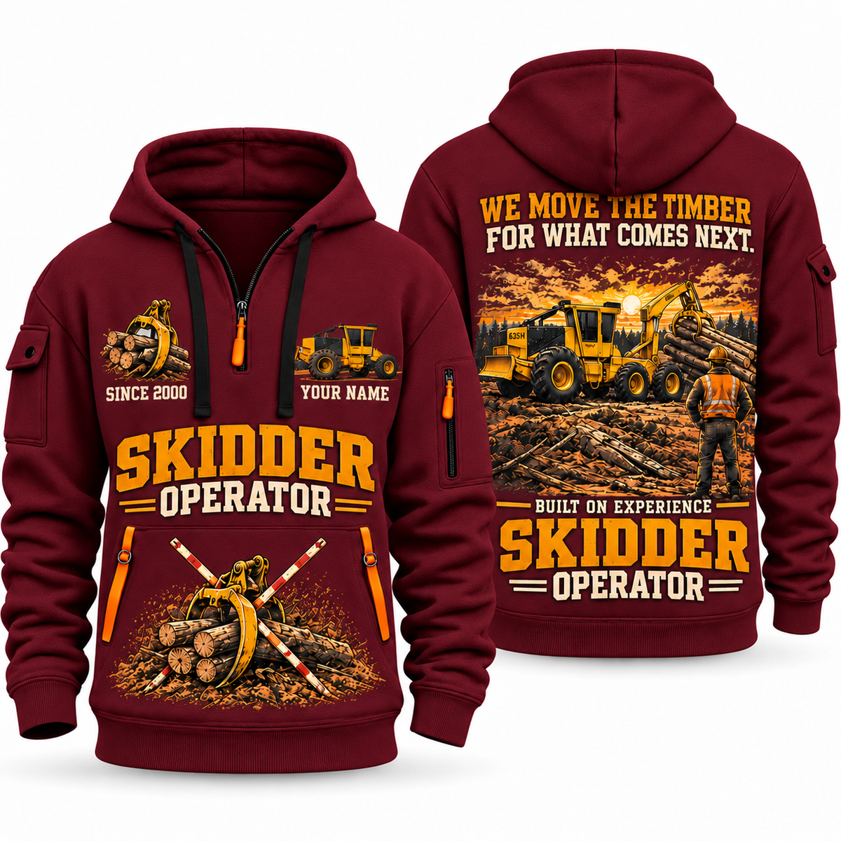 Tigercat 635H Skidder Operator quarter zip hoodie in Wine Red, front and back views, sample YOUR NAME and SINCE 2000 artwork
