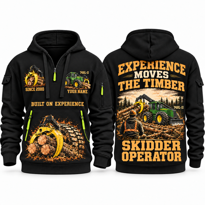 John Deere 748L-II Skidder Operator quarter zip hoodie in Black, front and back views, sample YOUR NAME and SINCE 2000 artwork