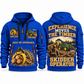 John Deere 748L-II Skidder Operator quarter zip hoodie in Blue, front and back views, sample YOUR NAME and SINCE 2000 artwork