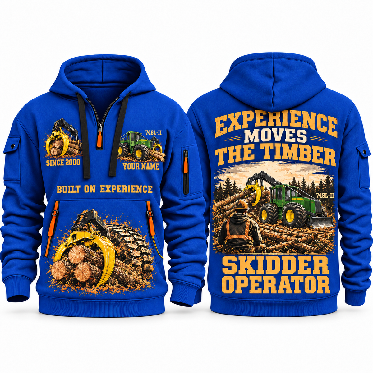John Deere 748L-II Skidder Operator quarter zip hoodie in Blue, front and back views, sample YOUR NAME and SINCE 2000 artwork
