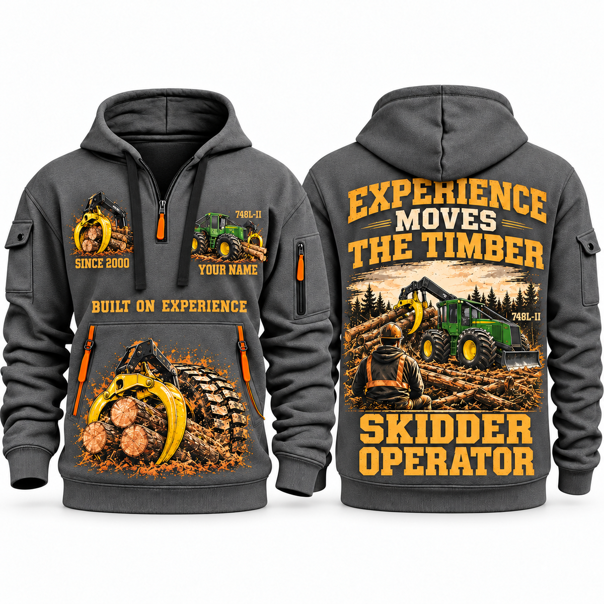 John Deere 748L-II Skidder Operator quarter zip hoodie in Gray, front and back views, sample YOUR NAME and SINCE 2000 artwork