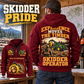 John Deere 748L-II Skidder Operator quarter zip hoodie in Wine Red, adult lifestyle portrait showing front and back artwork