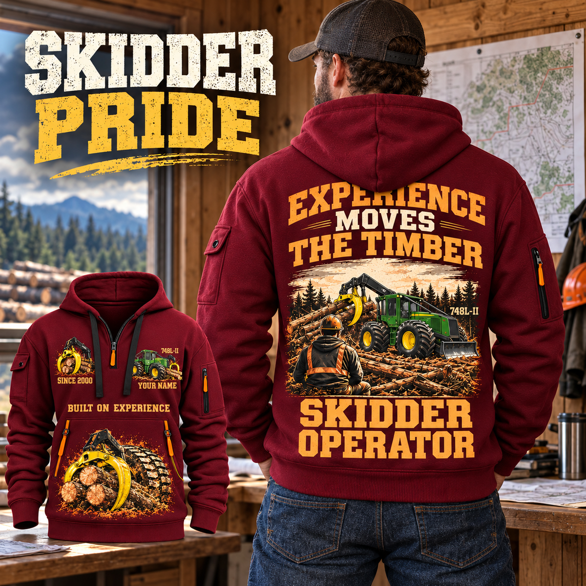 John Deere 748L-II Skidder Operator quarter zip hoodie in Wine Red, adult lifestyle portrait showing front and back artwork