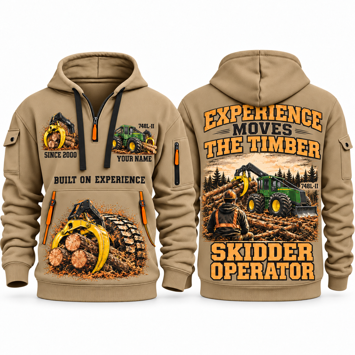 John Deere 748L-II Skidder Operator quarter zip hoodie in Khaki, front and back views, sample YOUR NAME and SINCE 2000 artwork