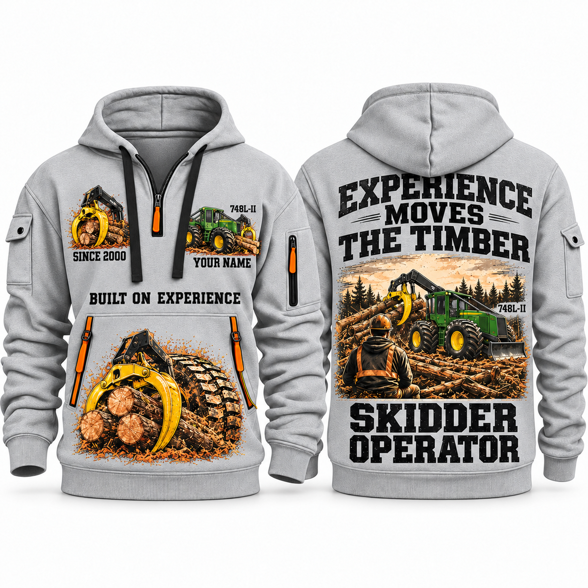 John Deere 748L-II Skidder Operator quarter zip hoodie in Light Grey, front and back views, sample YOUR NAME and SINCE 2000 artwork