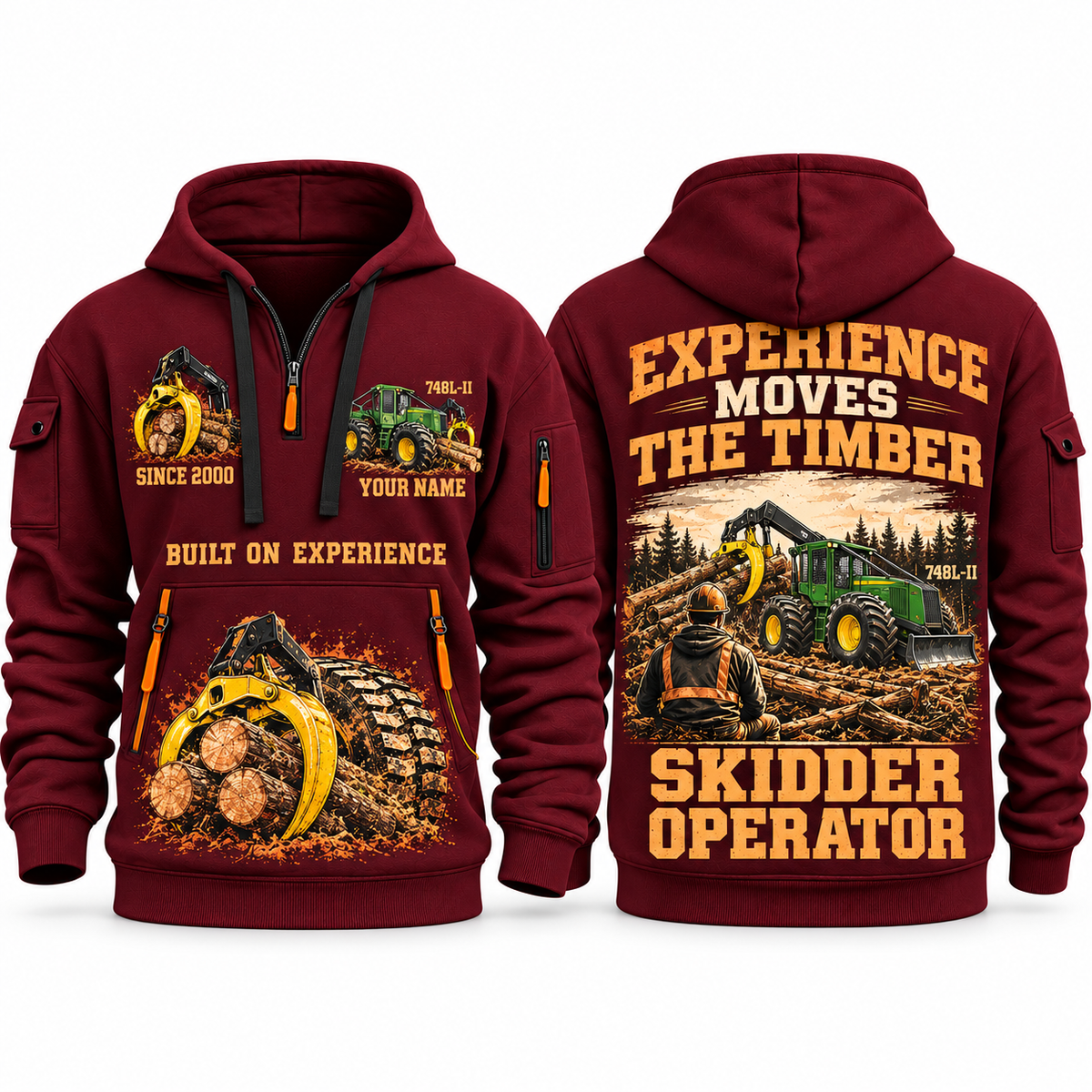 John Deere 748L-II Skidder Operator quarter zip hoodie in Wine Red, front and back views, sample YOUR NAME and SINCE 2000 artwork