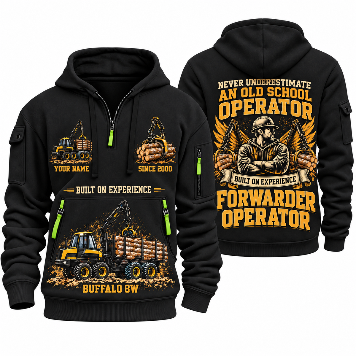 Ponsse Buffalo 8W Forwarder Operator quarter zip hoodie in Black, front and back views, sample YOUR NAME and SINCE 2000 artwork