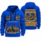 Ponsse Buffalo 8W Forwarder Operator quarter zip hoodie in Blue, front and back views, sample YOUR NAME and SINCE 2000 artwork