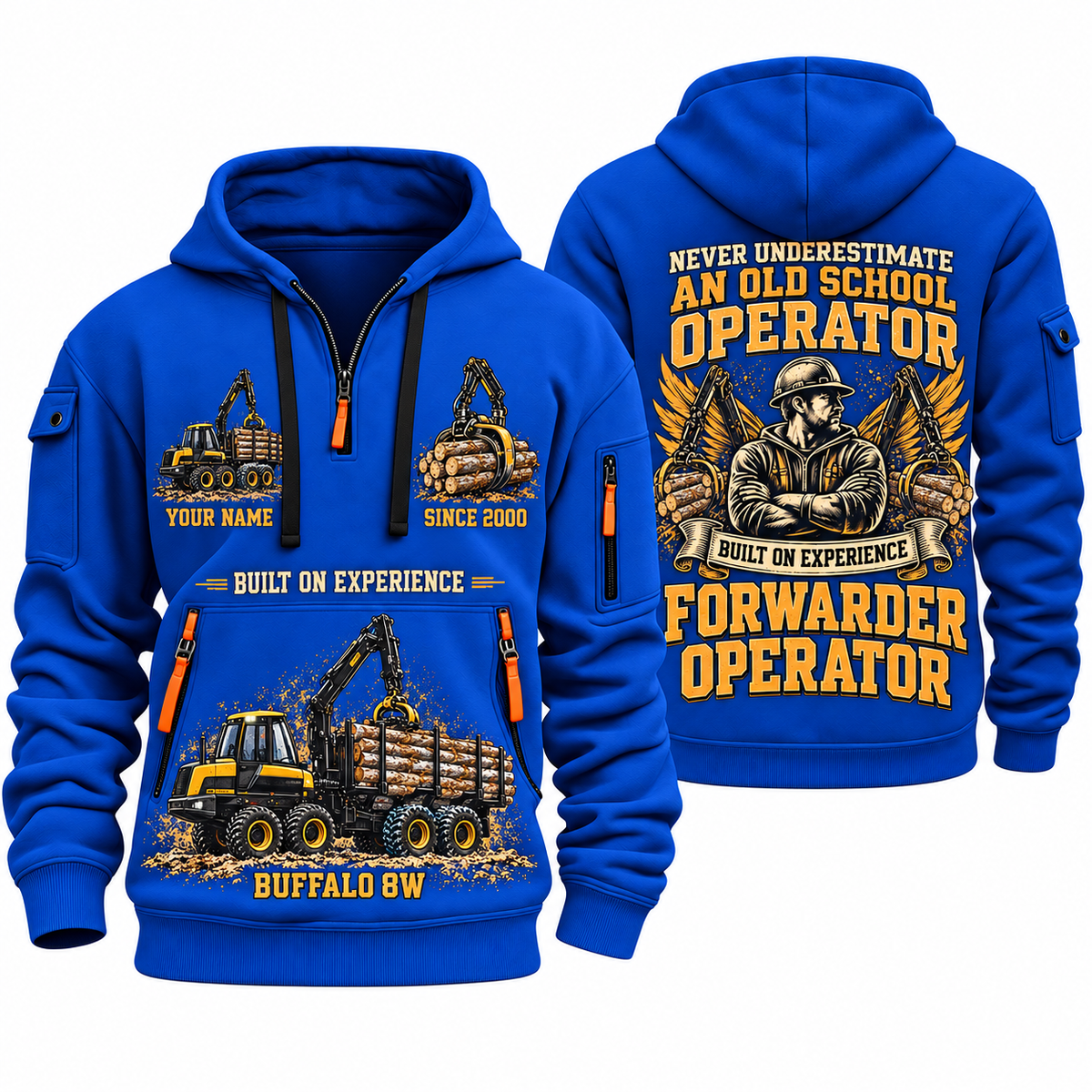 Ponsse Buffalo 8W Forwarder Operator quarter zip hoodie in Blue, front and back views, sample YOUR NAME and SINCE 2000 artwork