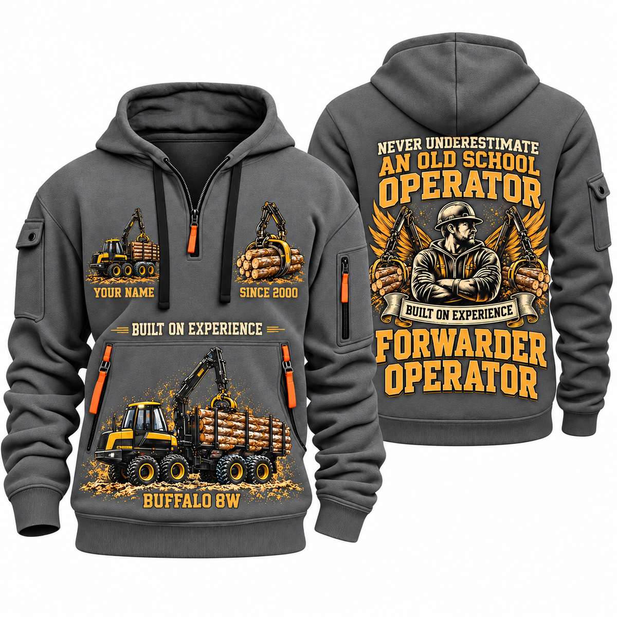 Ponsse Buffalo 8W Forwarder Operator quarter zip hoodie in Gray, front and back views, sample YOUR NAME and SINCE 2000 artwork