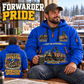 Ponsse Buffalo 8W Forwarder Operator quarter zip hoodie in Blue, adult lifestyle portrait showing front and back artwork