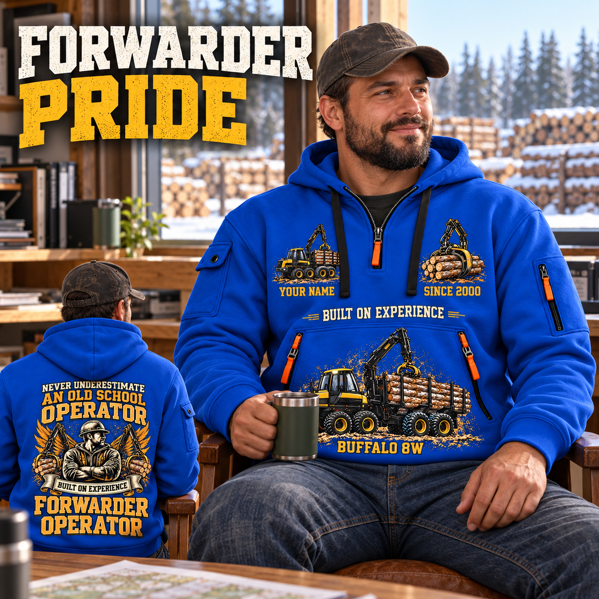 Ponsse Buffalo 8W Forwarder Operator quarter zip hoodie in Blue, adult lifestyle portrait showing front and back artwork