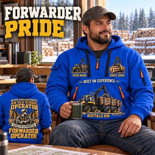 Ponsse Buffalo 8W Forwarder Operator quarter zip hoodie in Blue, adult lifestyle portrait showing front and back artwork