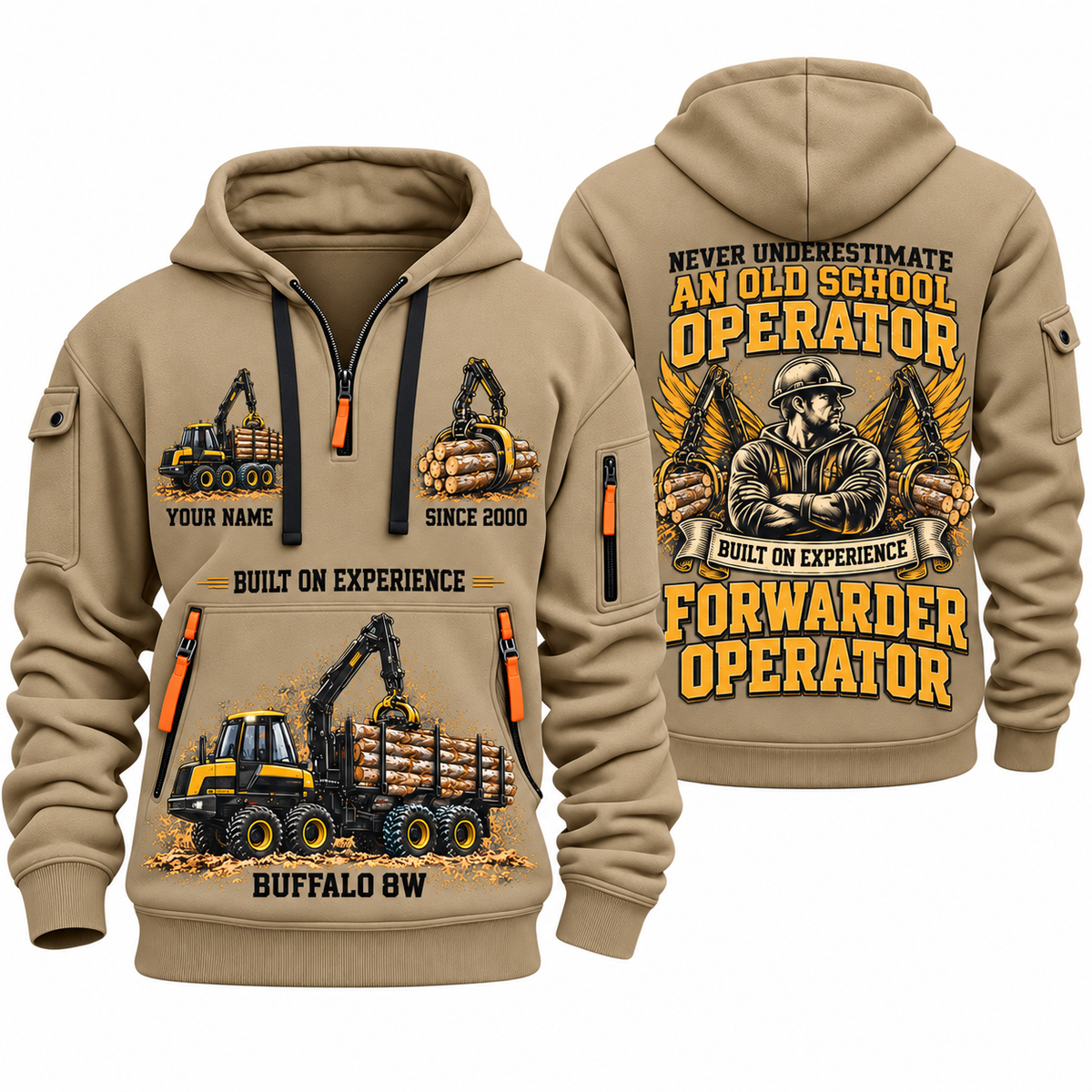 Ponsse Buffalo 8W Forwarder Operator quarter zip hoodie in Khaki, front and back views, sample YOUR NAME and SINCE 2000 artwork