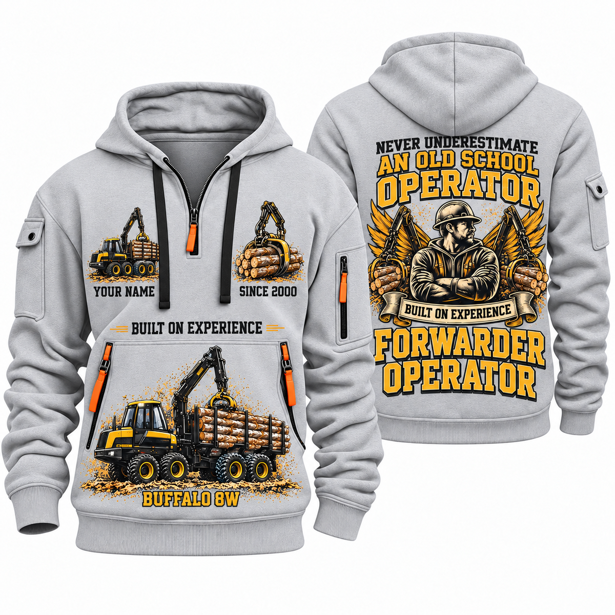 Ponsse Buffalo 8W Forwarder Operator quarter zip hoodie in Light Grey, front and back views, sample YOUR NAME and SINCE 2000 artwork