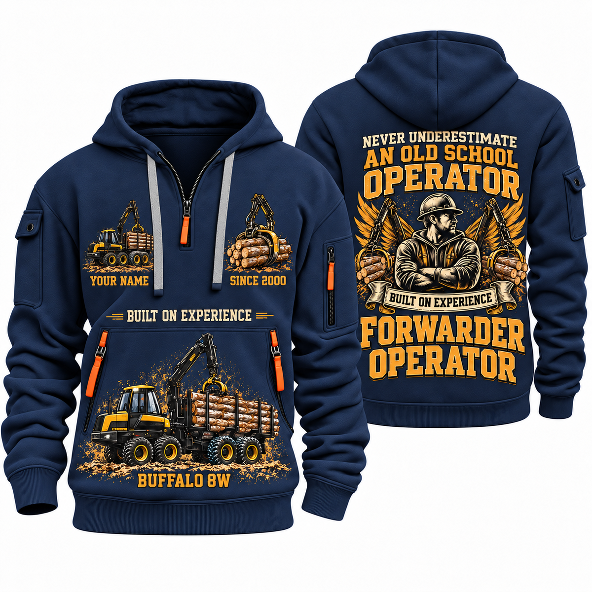 Ponsse Buffalo 8W Forwarder Operator quarter zip hoodie in Navy, front and back views, sample YOUR NAME and SINCE 2000 artwork