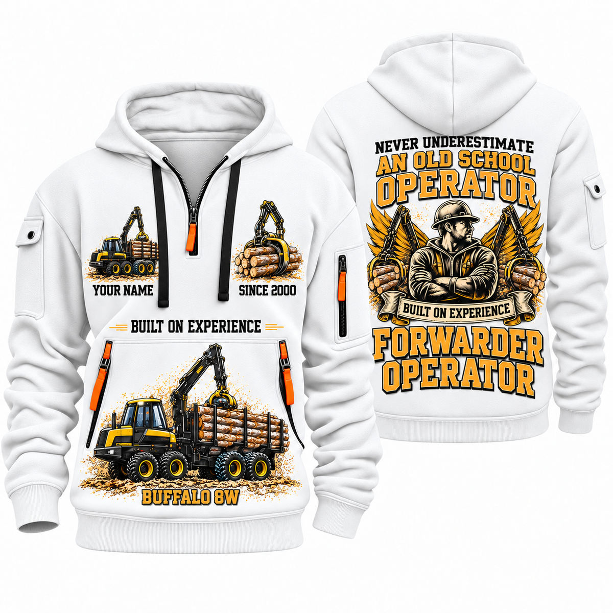 Ponsse Buffalo 8W Forwarder Operator quarter zip hoodie in White, front and back views, sample YOUR NAME and SINCE 2000 artwork