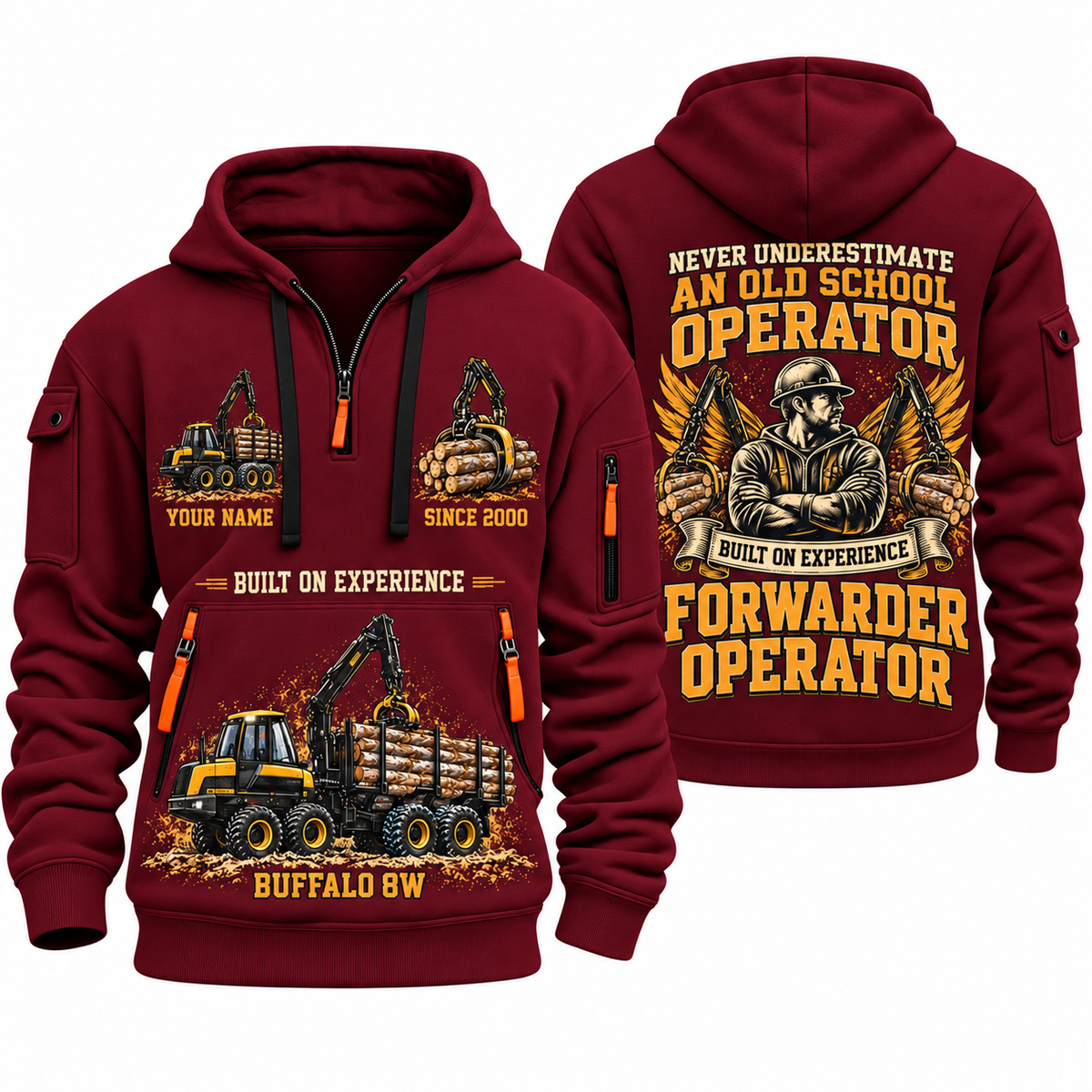 Ponsse Buffalo 8W Forwarder Operator quarter zip hoodie in Wine Red, front and back views, sample YOUR NAME and SINCE 2000 artwork