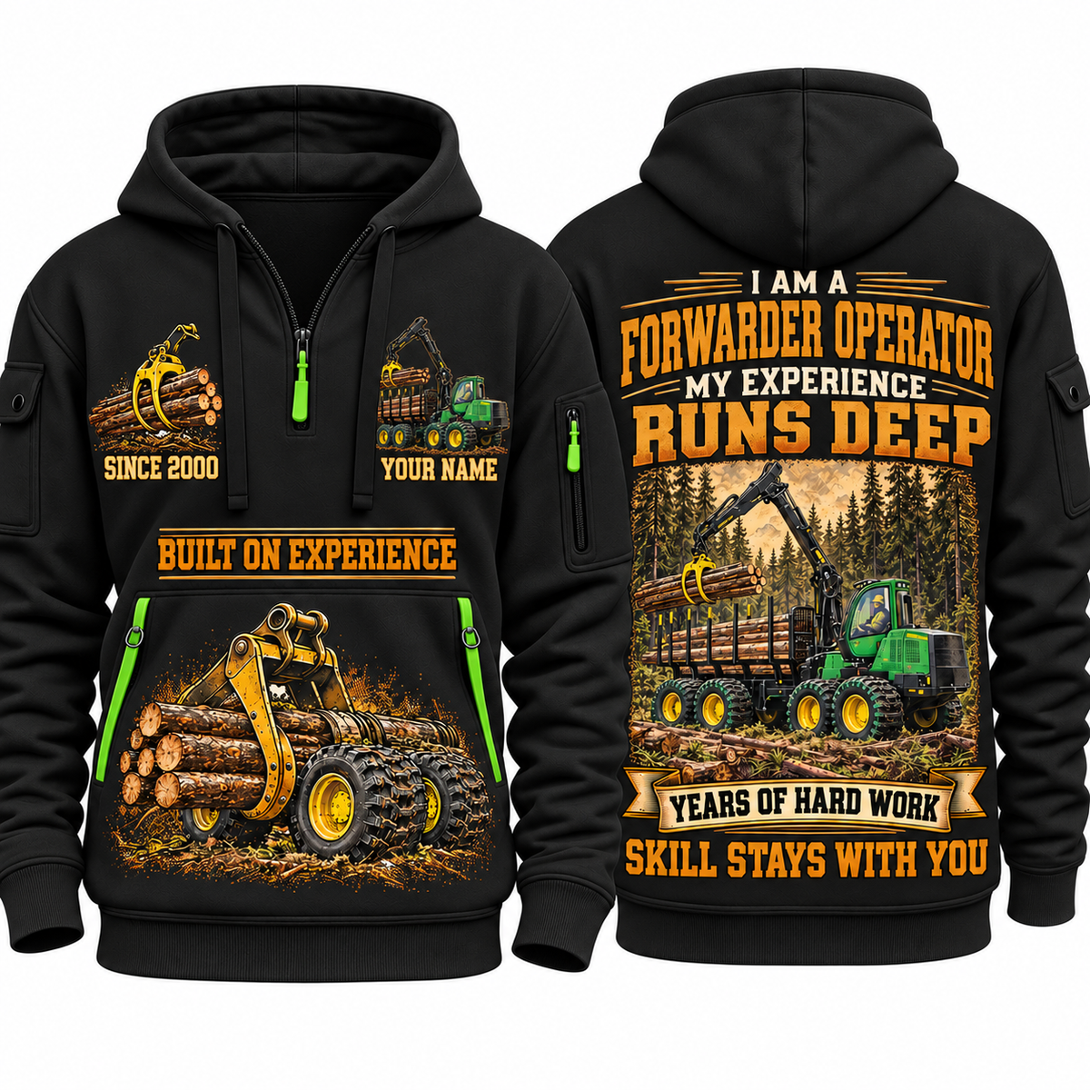 John Deere 1910G Forwarder Operator quarter zip hoodie in Black, front and back views, sample YOUR NAME and SINCE 2000 artwork