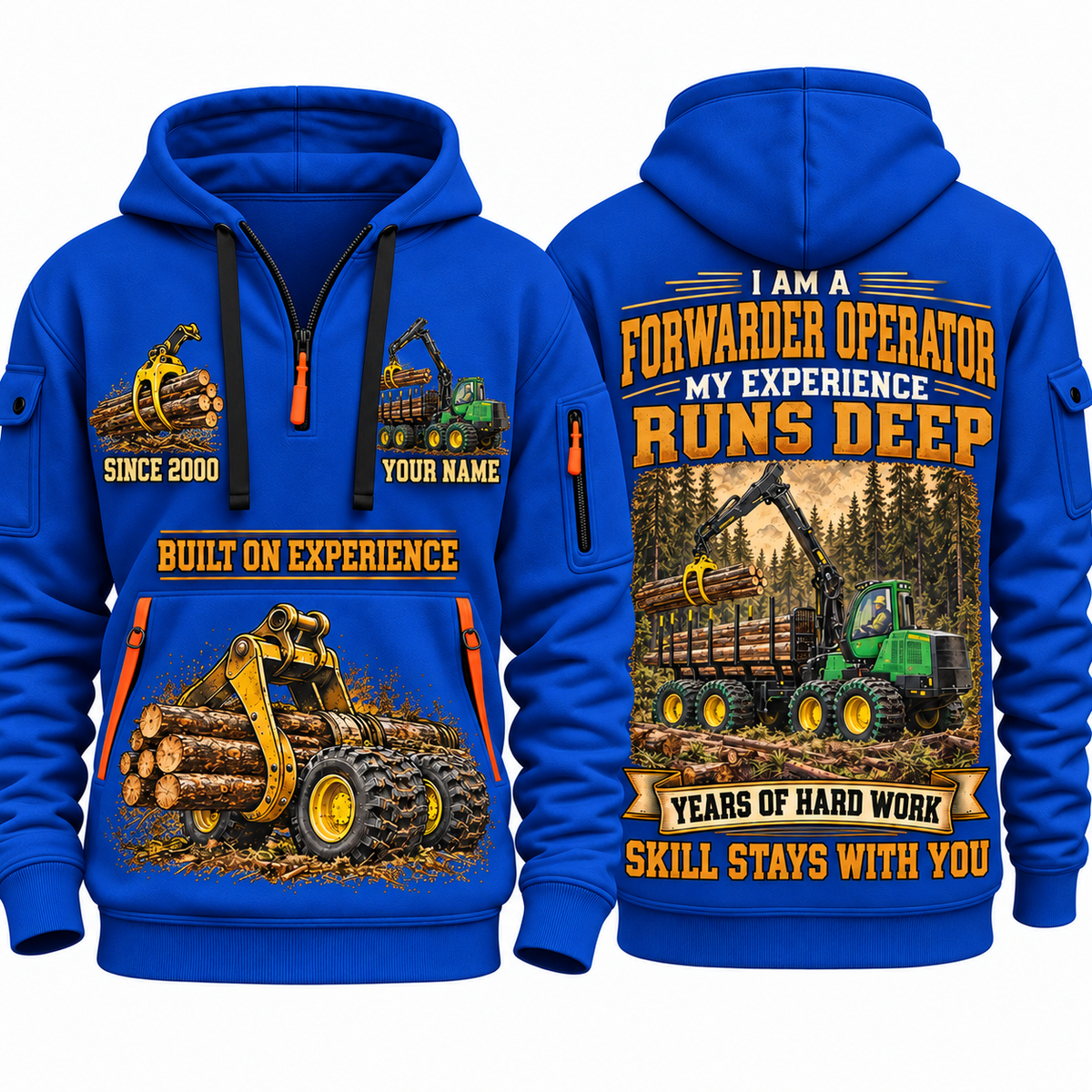 John Deere 1910G Forwarder Operator quarter zip hoodie in Blue, front and back views, sample YOUR NAME and SINCE 2000 artwork