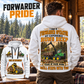 John Deere 1910G Forwarder Operator quarter zip hoodie in White, adult lifestyle portrait showing front and back artwork