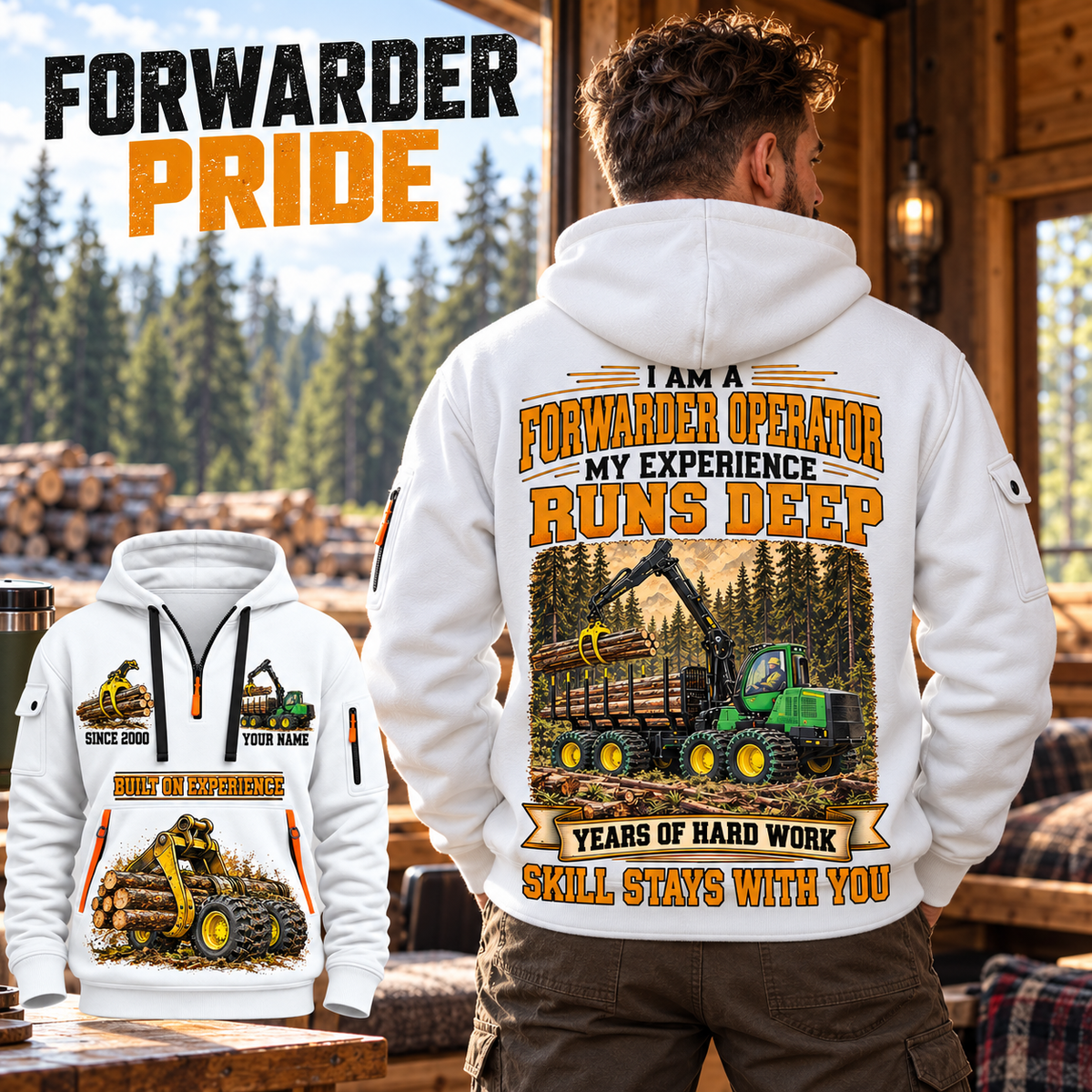 John Deere 1910G Forwarder Operator quarter zip hoodie in White, adult lifestyle portrait showing front and back artwork