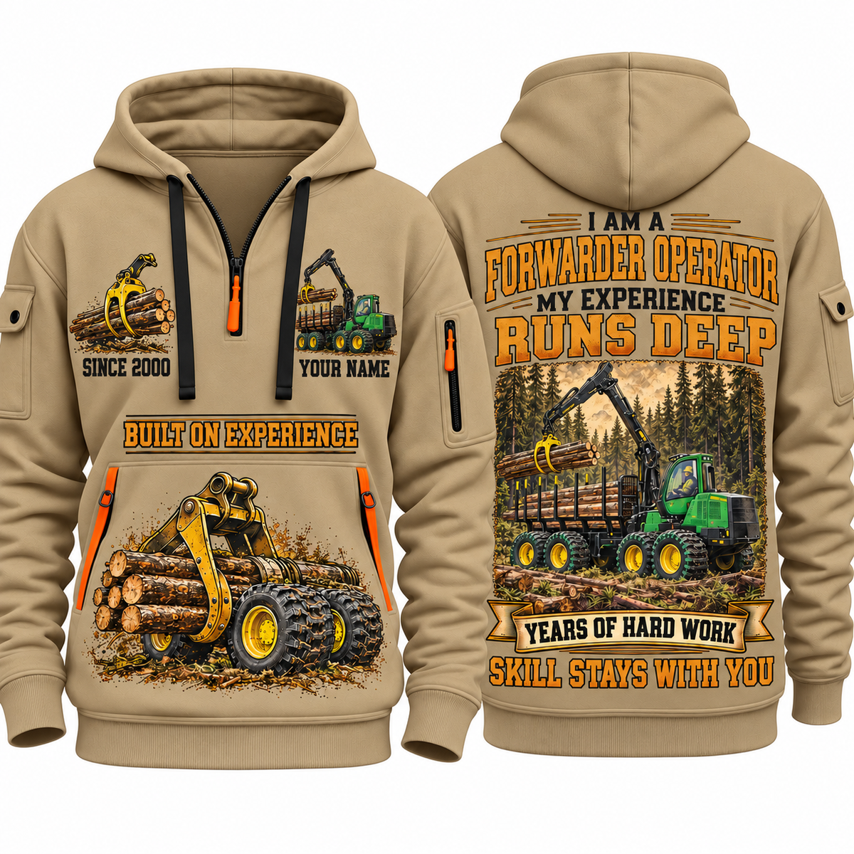 John Deere 1910G Forwarder Operator quarter zip hoodie in Khaki, front and back views, sample YOUR NAME and SINCE 2000 artwork