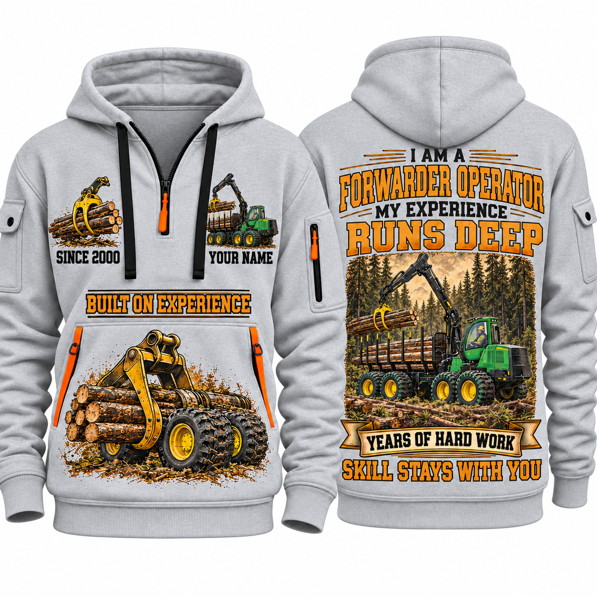 John Deere 1910G Forwarder Operator quarter zip hoodie in Light Grey, front and back views, sample YOUR NAME and SINCE 2000 artwork