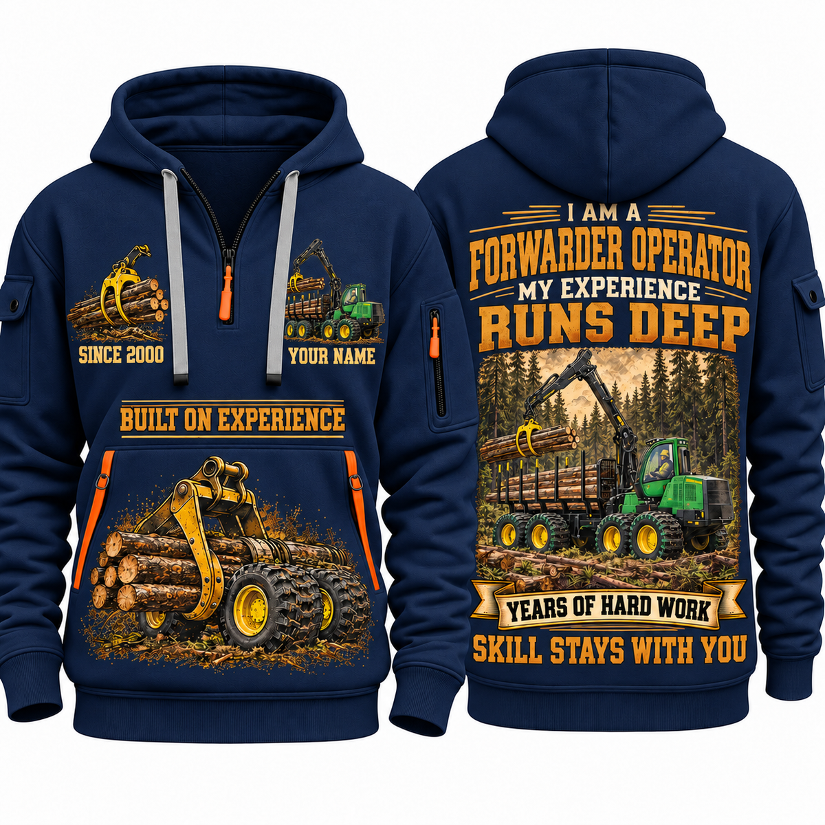 John Deere 1910G Forwarder Operator quarter zip hoodie in Navy, front and back views, sample YOUR NAME and SINCE 2000 artwork