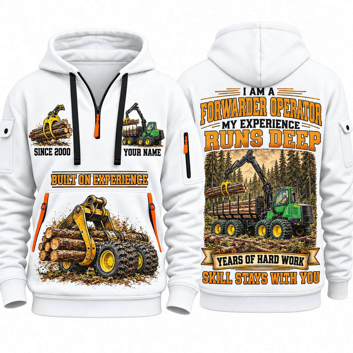 John Deere 1910G Forwarder Operator quarter zip hoodie in White, front and back views, sample YOUR NAME and SINCE 2000 artwork