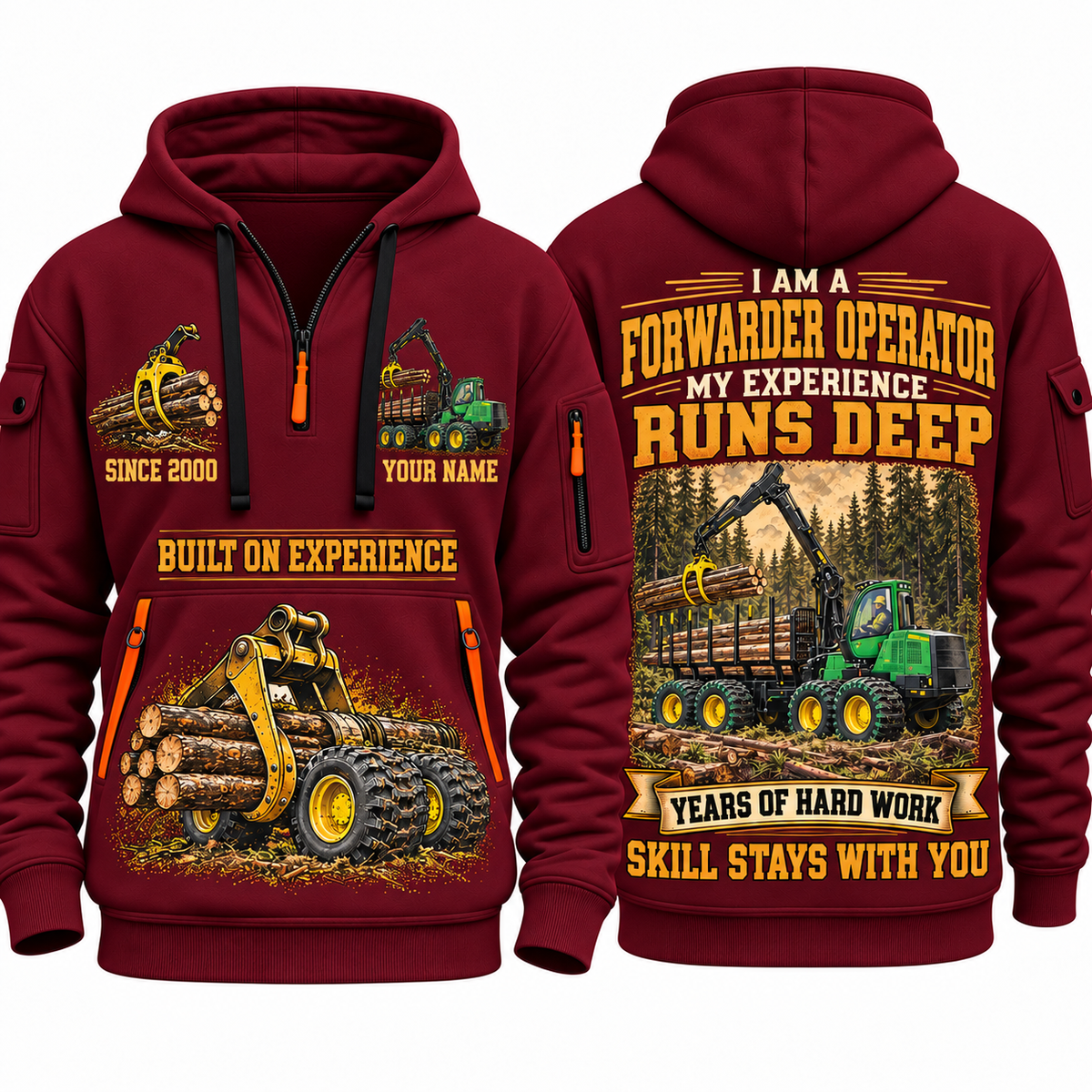 John Deere 1910G Forwarder Operator quarter zip hoodie in Wine Red, front and back views, sample YOUR NAME and SINCE 2000 artwork