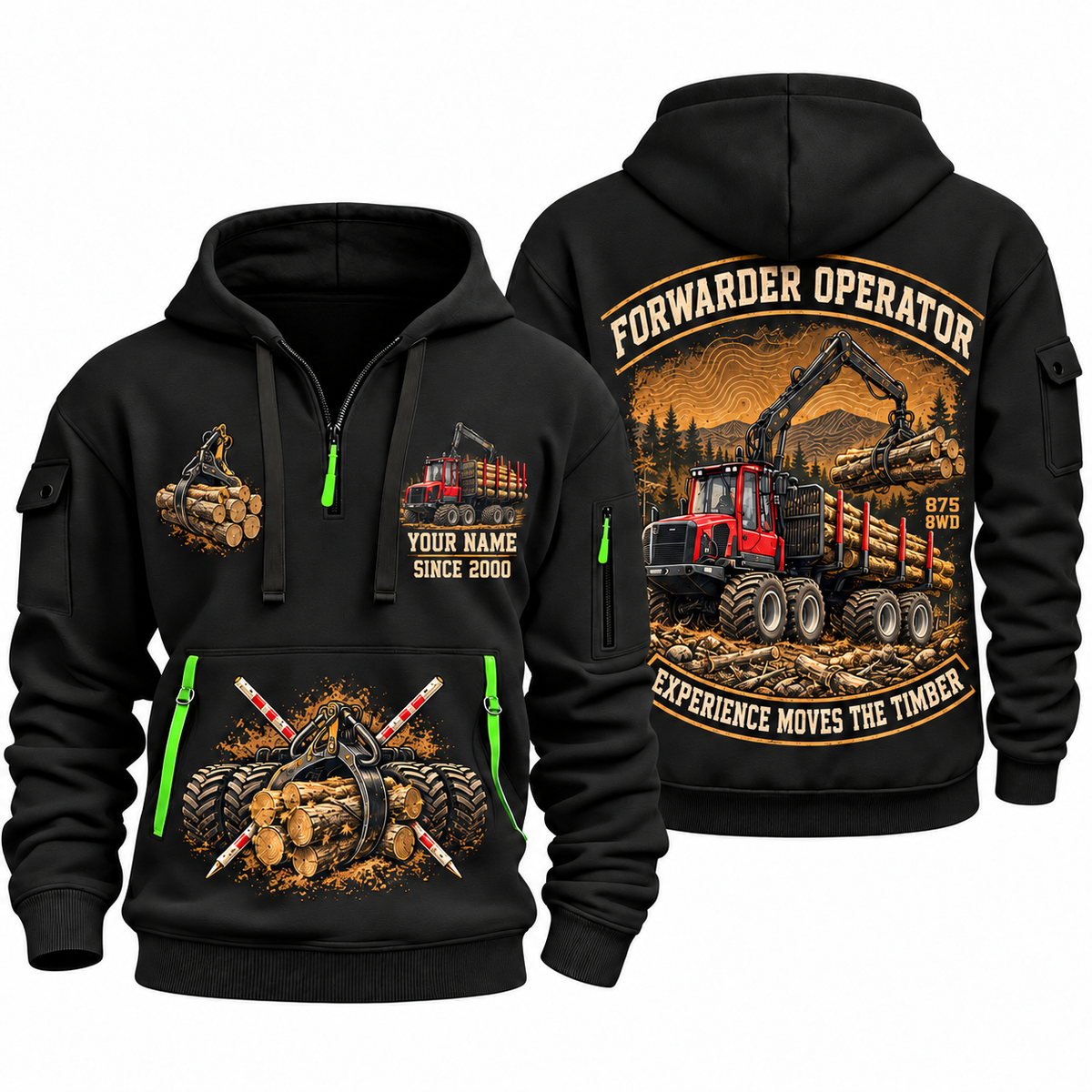 Komatsu 875 8WD Forwarder Operator quarter zip hoodie in Black, front and back views, sample YOUR NAME and SINCE 2000 artwork