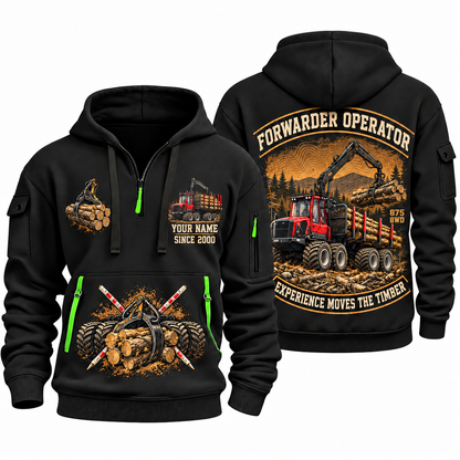 Komatsu 875 8WD Forwarder Operator quarter zip hoodie in Black, front and back views, sample YOUR NAME and SINCE 2000 artwork