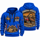 Komatsu 875 8WD Forwarder Operator quarter zip hoodie in Blue, front and back views, sample YOUR NAME and SINCE 2000 artwork