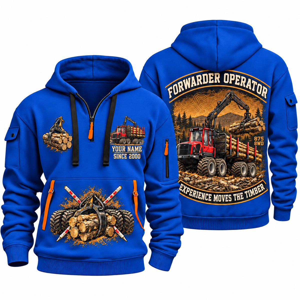 Komatsu 875 8WD Forwarder Operator quarter zip hoodie in Blue, front and back views, sample YOUR NAME and SINCE 2000 artwork
