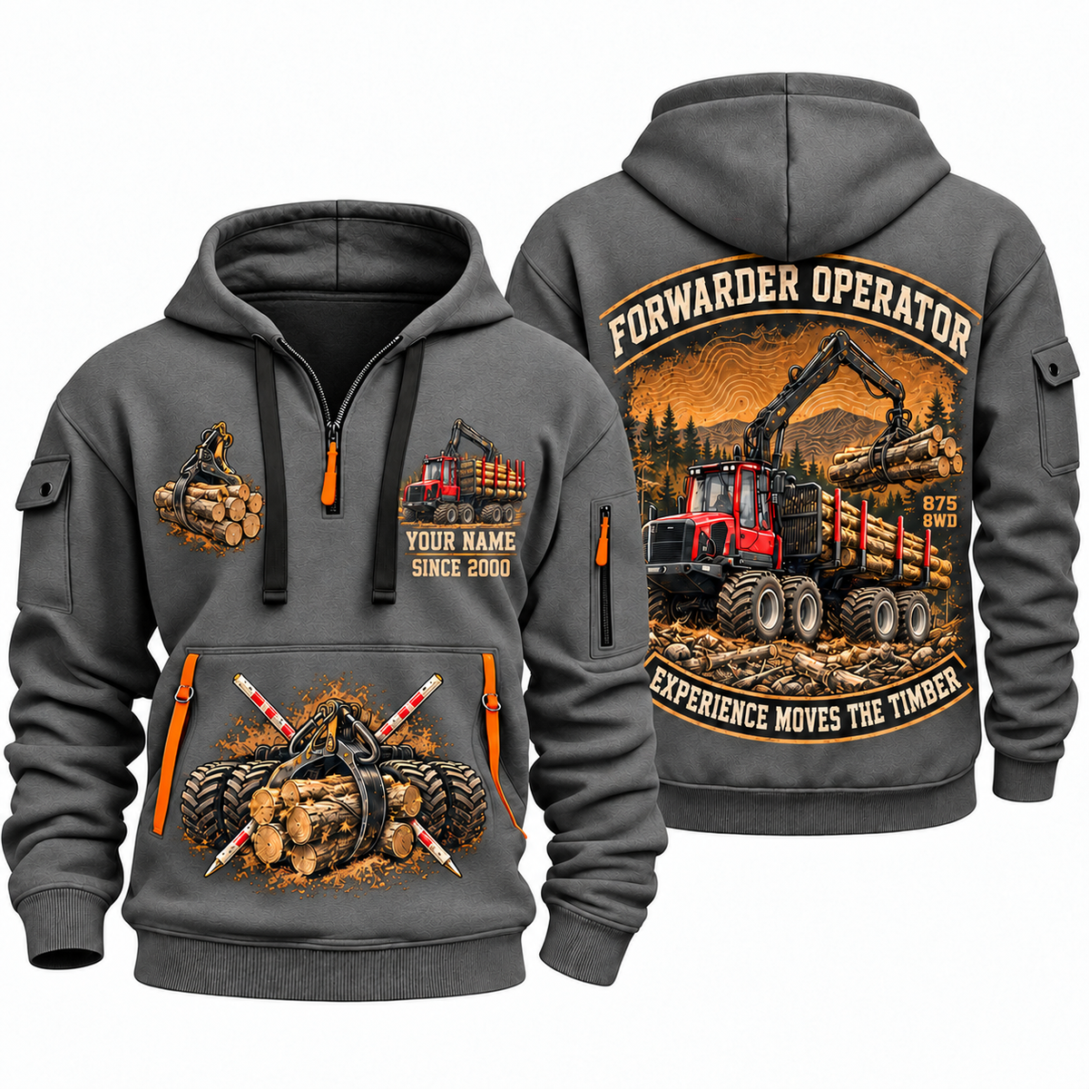 Komatsu 875 8WD Forwarder Operator quarter zip hoodie in Gray, front and back views, sample YOUR NAME and SINCE 2000 artwork