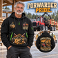 Komatsu 875 8WD Forwarder Operator quarter zip hoodie in Black, adult lifestyle portrait showing front and back artwork