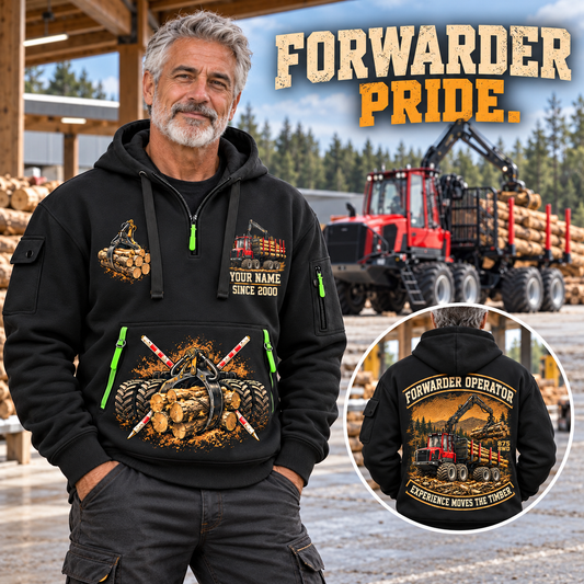 Komatsu 875 8WD Forwarder Operator quarter zip hoodie in Black, adult lifestyle portrait showing front and back artwork