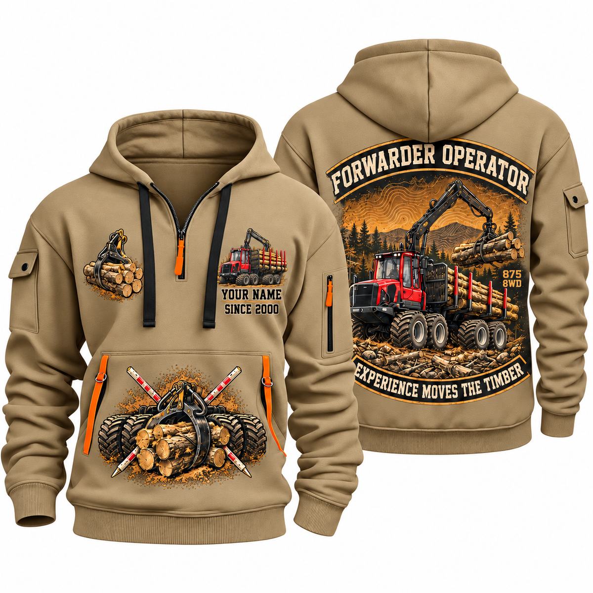 Komatsu 875 8WD Forwarder Operator quarter zip hoodie in Khaki, front and back views, sample YOUR NAME and SINCE 2000 artwork