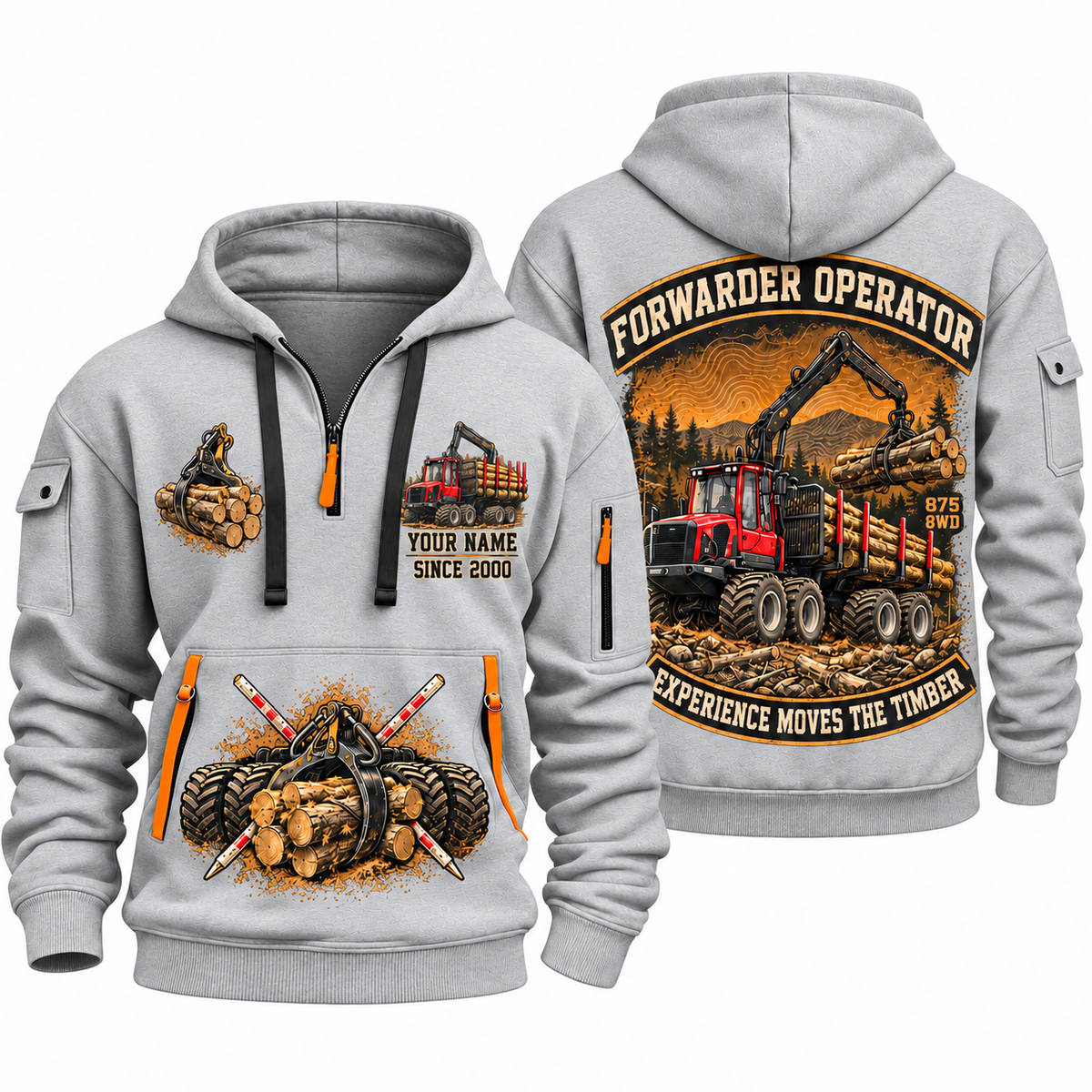 Komatsu 875 8WD Forwarder Operator quarter zip hoodie in Light Grey, front and back views, sample YOUR NAME and SINCE 2000 artwork