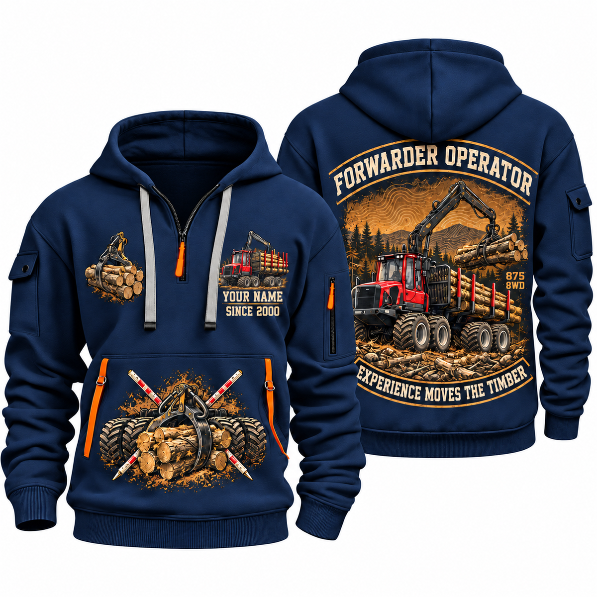 Komatsu 875 8WD Forwarder Operator quarter zip hoodie in Navy, front and back views, sample YOUR NAME and SINCE 2000 artwork