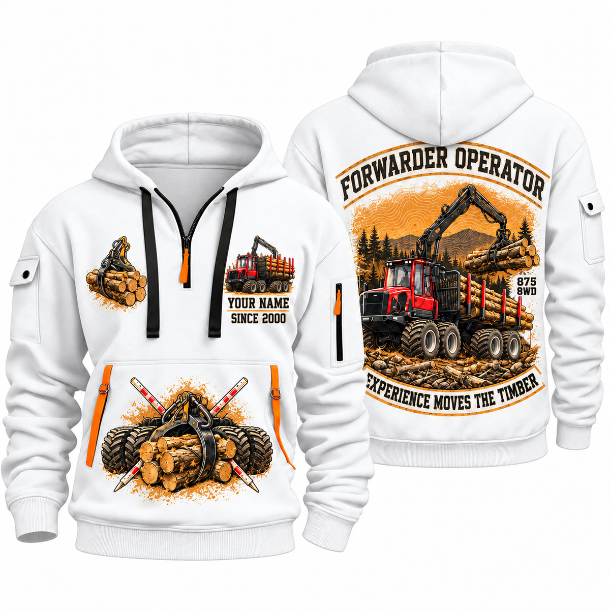 Komatsu 875 8WD Forwarder Operator quarter zip hoodie in White, front and back views, sample YOUR NAME and SINCE 2000 artwork
