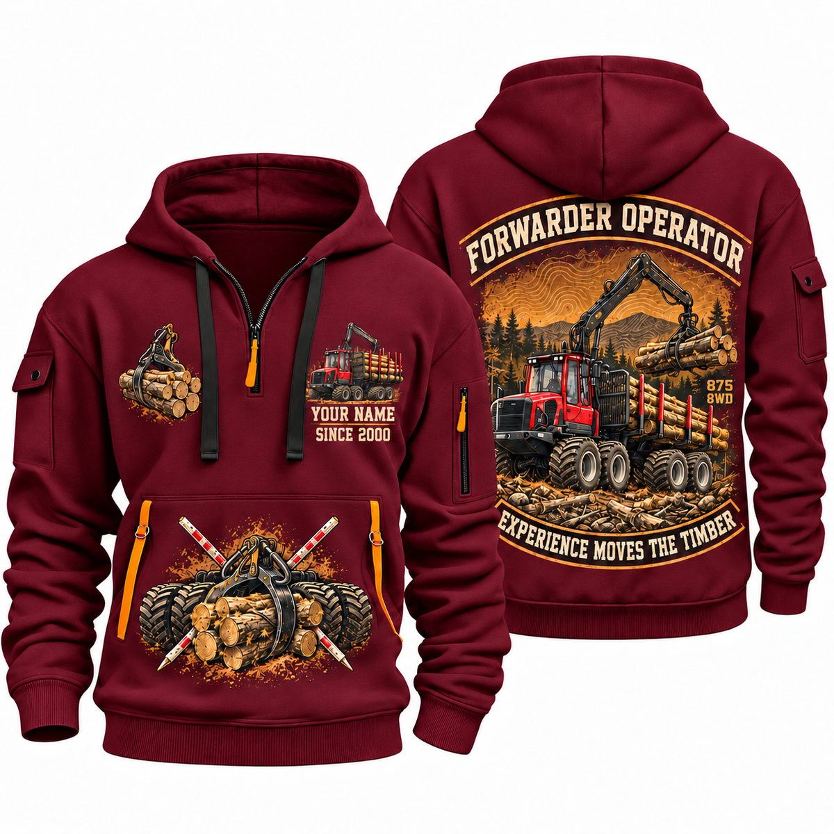 Komatsu 875 8WD Forwarder Operator quarter zip hoodie in Wine Red, front and back views, sample YOUR NAME and SINCE 2000 artwork