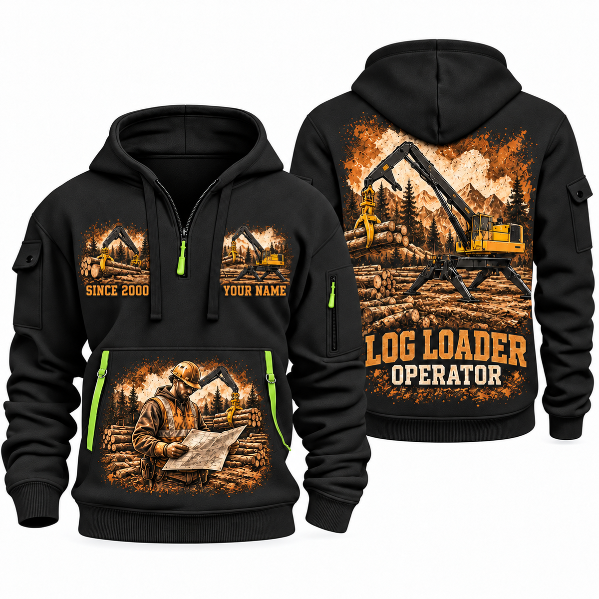 Tigercat 234C Log Loader Operator quarter zip hoodie in Black, front and back views, sample YOUR NAME and SINCE 2000 artwork