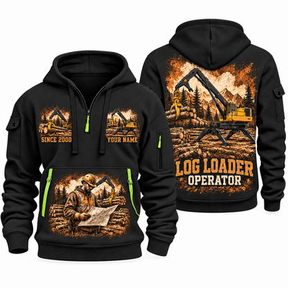 Tigercat 234C Log Loader Operator quarter zip hoodie in Black, front and back views, sample YOUR NAME and SINCE 2000 artwork